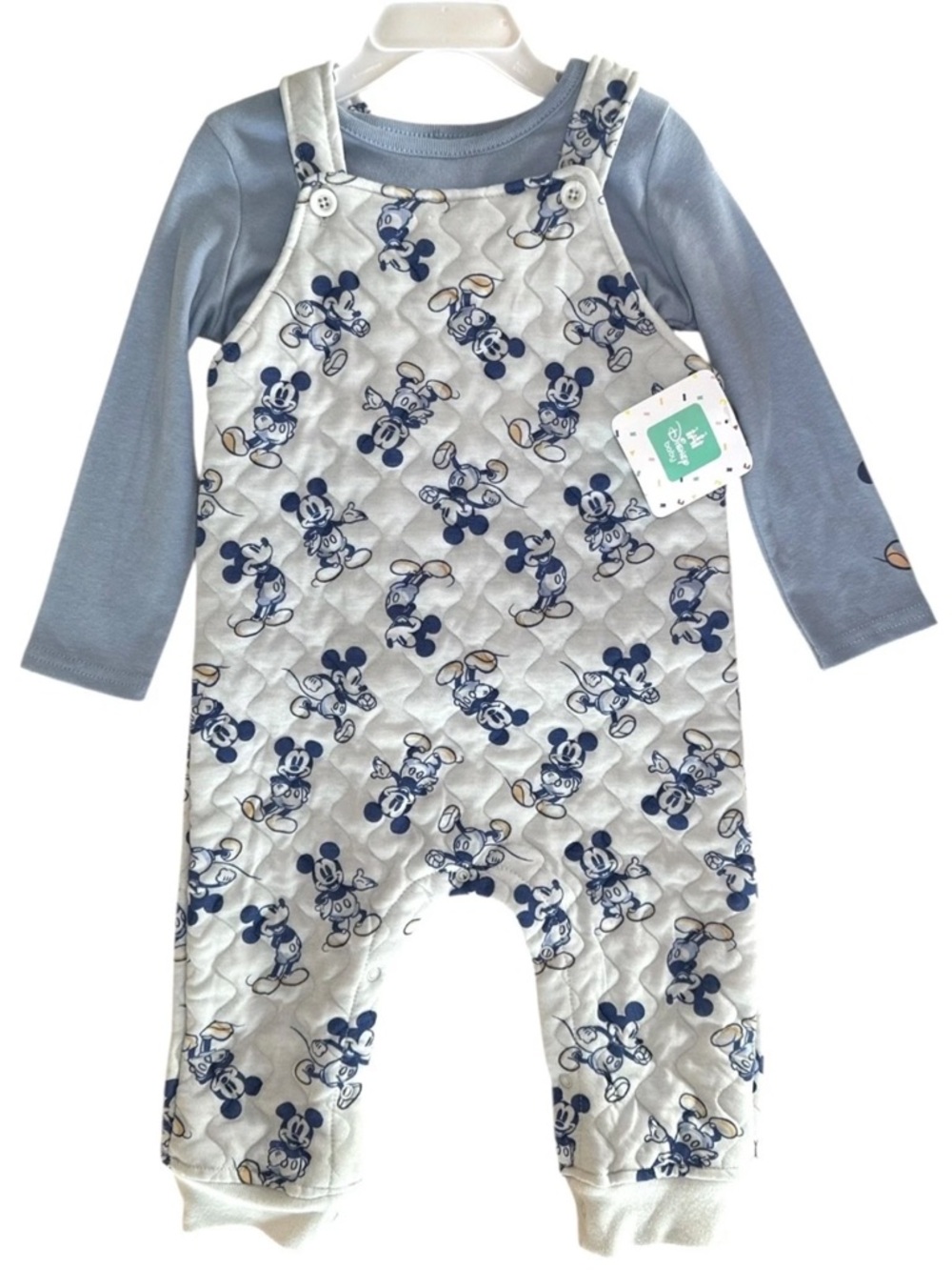 🆕 NWT Disney Baby Light Blue and Navy Mickey Quilted Overalls with Blue Tee